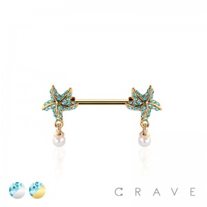 MULTI CZ STAR WITH PEARL DANGLE 316L SURGICAL STEEL NIPPLE RING